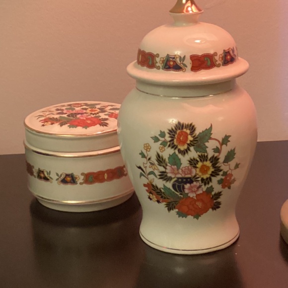 Sadler Ginger Jar & Matching Covered Trinket Dish Oriental Floral 24K Gold Trim - Picture 6 of 12